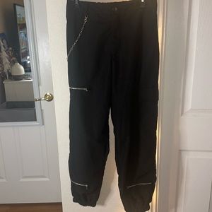 Large Black High Waist Punk Zipper, Flap Pocket, with Chain Cargo Pants.